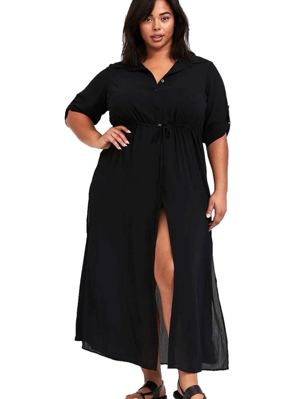 NWT Torrid Black Button-Front Maxi Swim Coverup with Front Slit Drawstring 2X